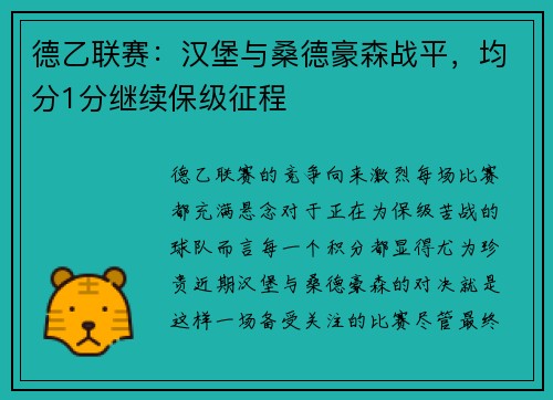 德乙联赛：汉堡与桑德豪森战平，均分1分继续保级征程