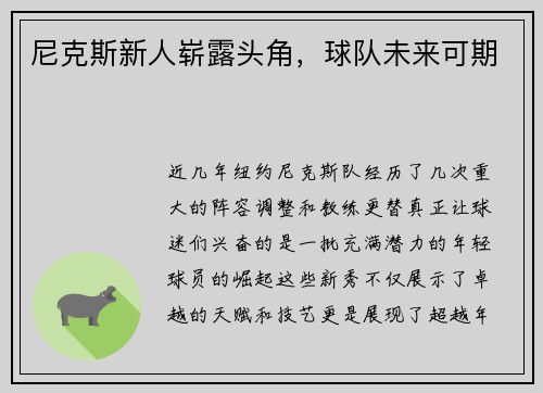 尼克斯新人崭露头角,球队未来可期